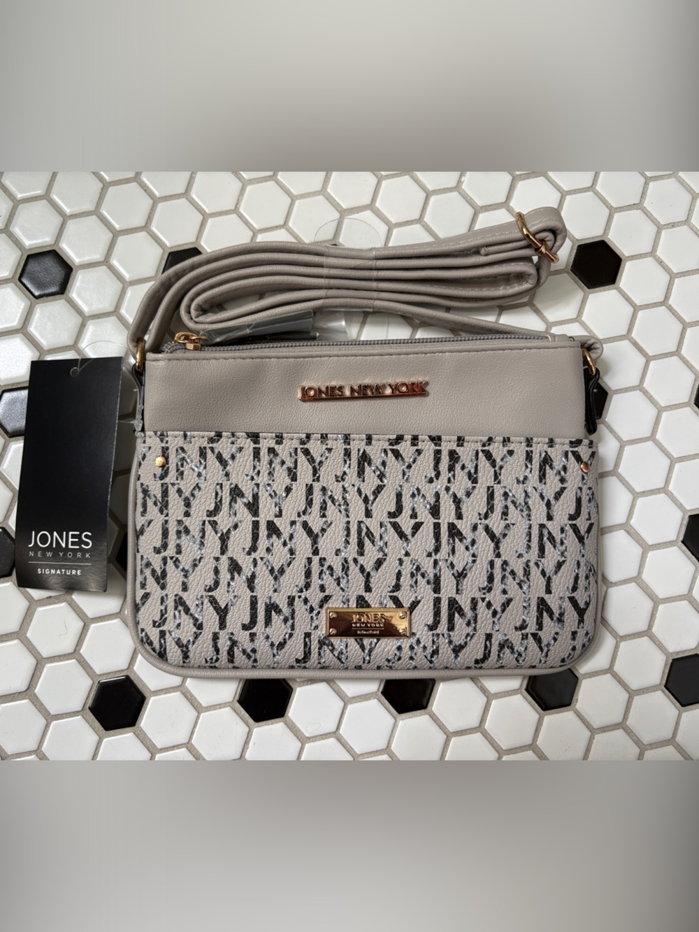 Jones New York Gray Taupe Patterned Crossbody with Gold Accents
